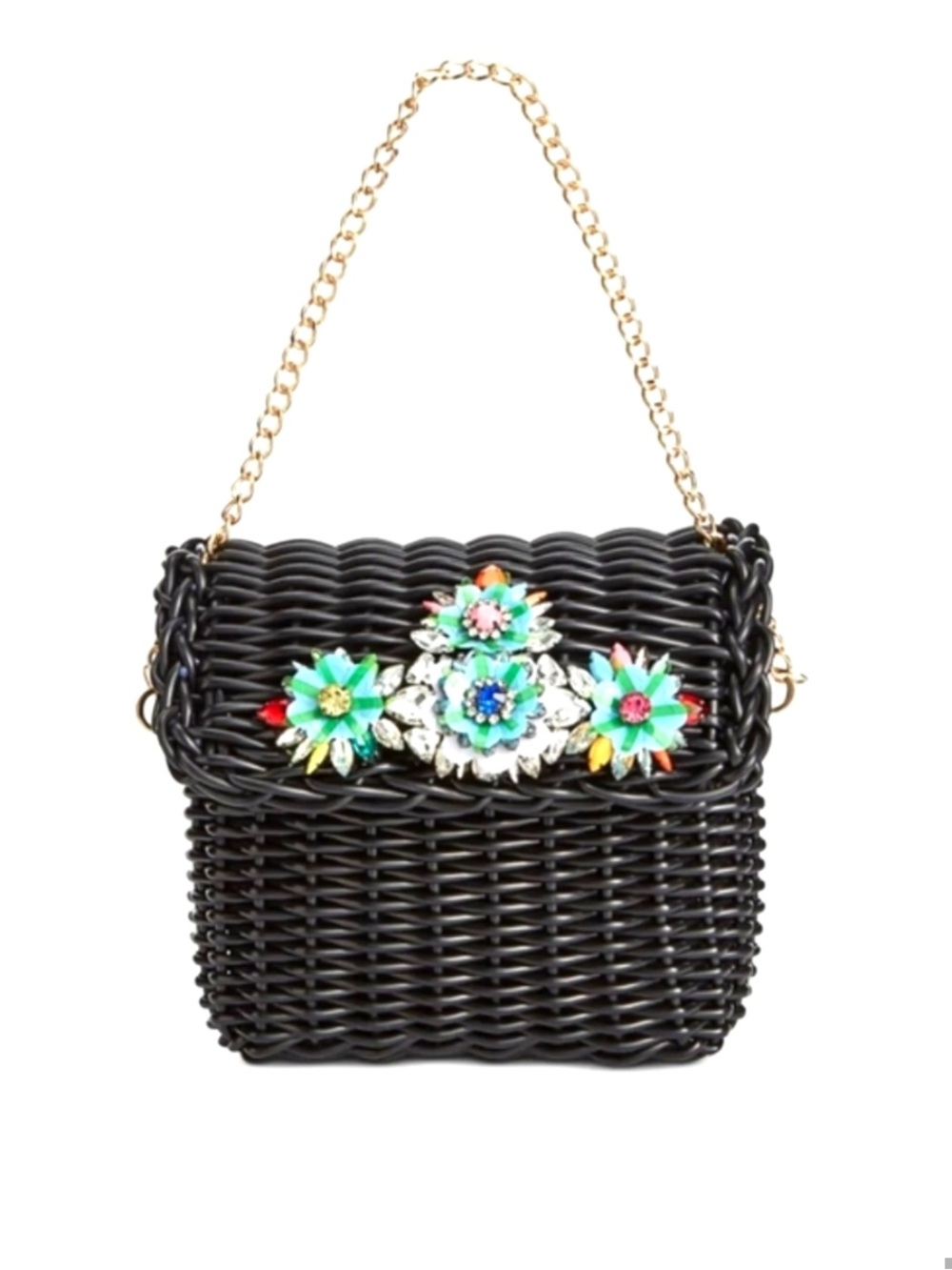 Betsey Johnson Black Woven Crossbody with Multicolor Floral Gems
